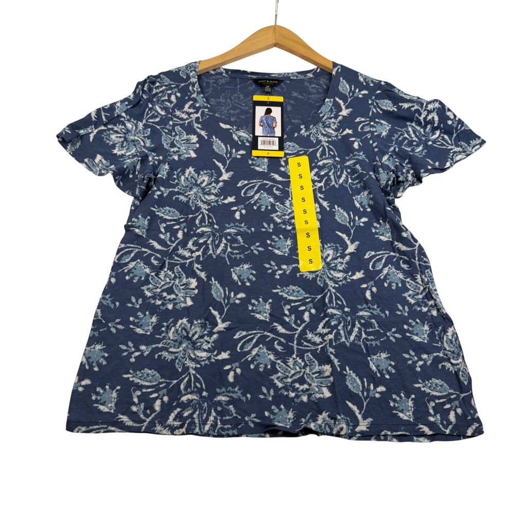 Lucky Brand Blue Floral Scoop Neck Short Sleeve T-Shirt Small NEW